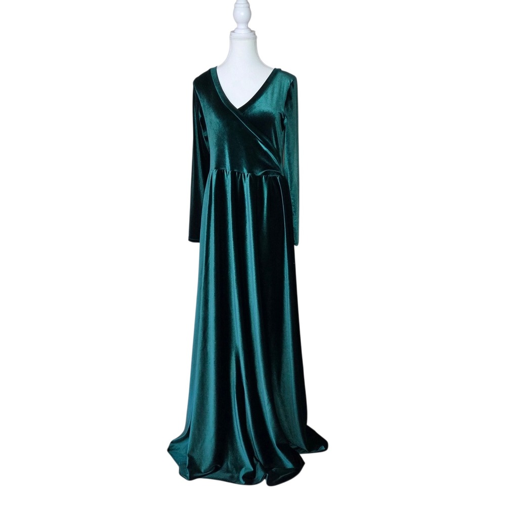 Silk Fairies Emerald Green Velvet Wrap V-Neck Maxi Dress Long Sleeve XL Made USA